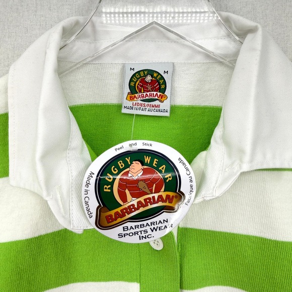 BARBARIAN RUGBY WEAR Womens Polo Shirt Medium Green White Stripe Patron Bee NEW - Picture 11 of 14